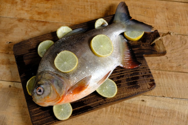 Pomfrets는 Bramidae 가족에 속하는 perciform 물고기입니다. 이칸 바왈. 신선한 pomfret와 레몬입니다.