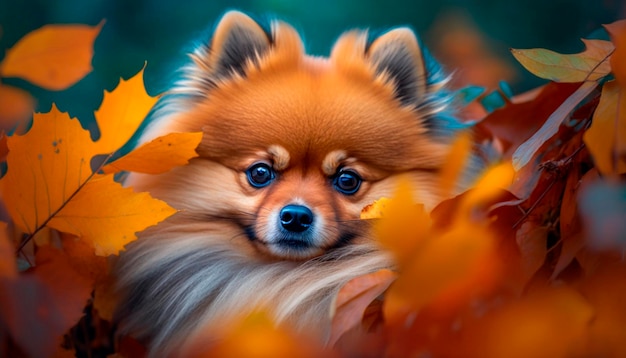 Pommerse pup gluurt door een zee van kleurrijke herfstbladeren
