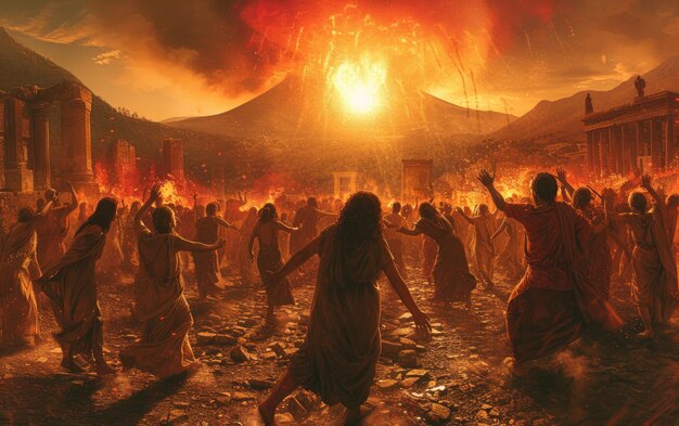 폼페이 비극 (Pompeii Tragedy) 은 화산 폭발, 혼란, 공포, 그리고 사람들의 비참한 상황을 묘사하며, 고대 도시 폐허의 파괴와 인간 비극을 포착합니다.
