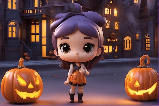 Pompoen avonturen getuigen van de schattige capriolen van een 3D cartoon meisje in een Halloween stad