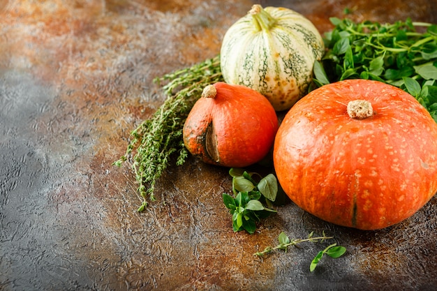 Pompoen, basilicum en tijm op een roestige tafel