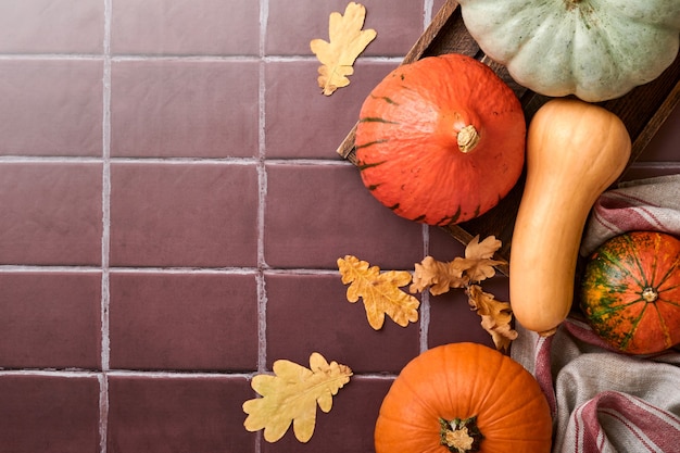 Pompoen. Herfst voedsel achtergrond met kaneel, noten en seizoensgebonden kruiden op oude keramische tegels achtergrond. Pompoen of appeltaart en koekjes koken voor Thanksgiving en herfstvakantie. Bovenaanzicht.