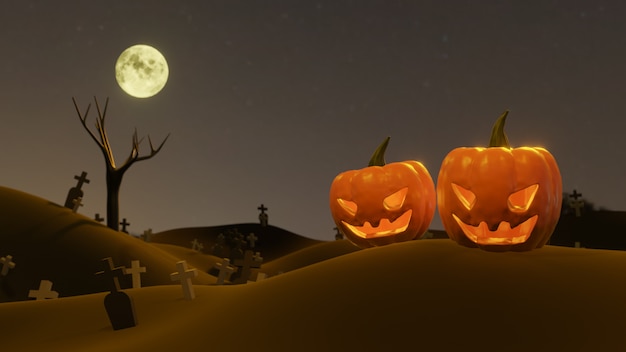 Foto pompoen jack o lanterns geest en een heks op de begraafplaats op halloween voor achtergrond