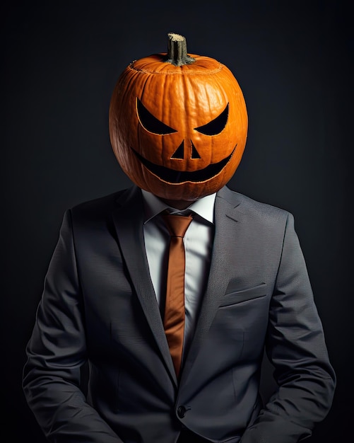 Pompoen lantaarn hoofd man met pak voor Halloween feest geïsoleerd op zwarte achtergrond