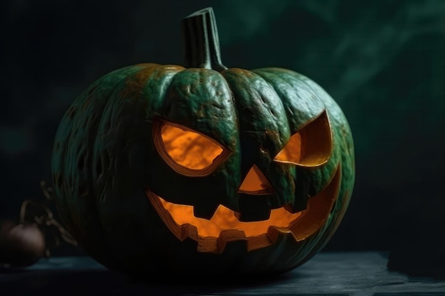 Pompoen Met Eng Gezicht Op Groene Achtergrond Aan De Zijkant Plaats Om Halloween Generatieve AI Te Kopiëren