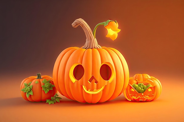 Pompoen schattig 3d karakter op oranje achtergrond halloween ai generatief