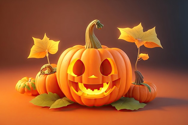 Pompoen schattig 3d karakter op oranje achtergrond halloween ai generatief