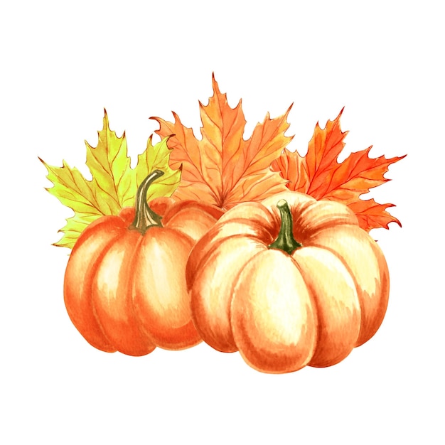 Pompoen sinaasappel met esdoornbladeren herfstcompositie met de hand getekende aquarel illustratie