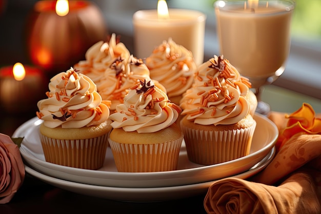 Pompoencupcakes met herfstkruiden rijkelijk gedecoreerd generatief IA