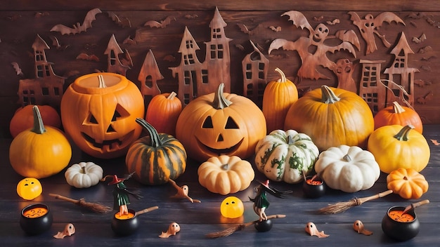 Pompoenen en halloween accessoires op houten achtergrond