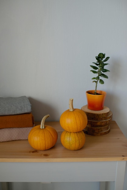 Pompoenen in het interieur, herfstdecoratie op tafel