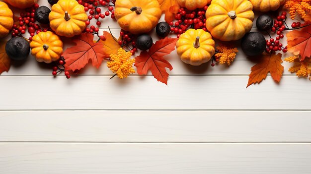 Foto pompoenen met herfstbladeren op een houten achtergrond