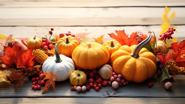 Foto pompoenen met herfstbladeren op een houten achtergrond