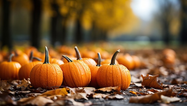 Pompoenen op de grond in het herfstpark Herfst achtergrond