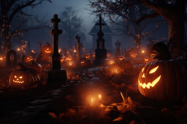 Pompoenen op een kerkhof met gloeiende ogen Pompoenen op het kerkhof in de spookachtige nacht die AI heeft gegenereerd