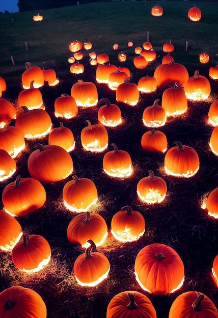 Pompoenen Op Kerkhof In De Griezelige Nacht Halloween Achtergrond