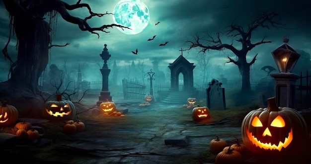 Pompoenen Op Kerkhof In De Spookachtige Nacht Halloween Achtergrond