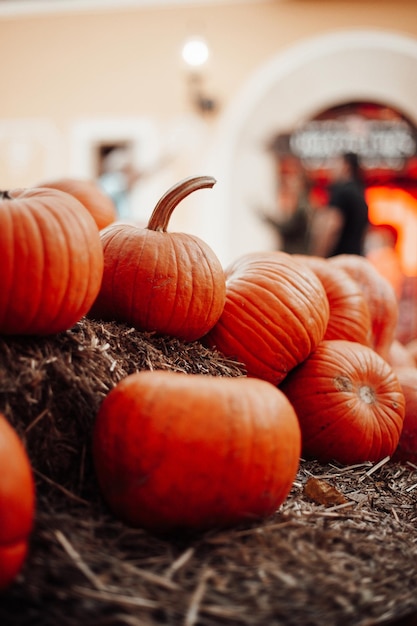 Pompoenen te koop op een openluchtmarkt in het herfstseizoen