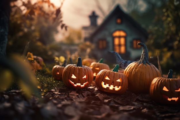 Pompoenen voor een huis met de woorden Halloween op de achtergrond