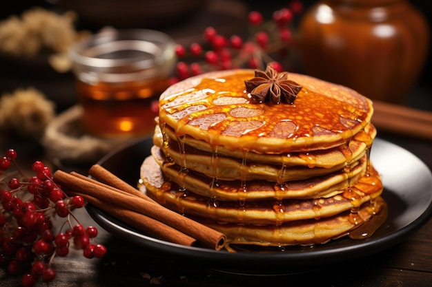 Pompoenpannenkoekjes met honing en koffie generatieve IA