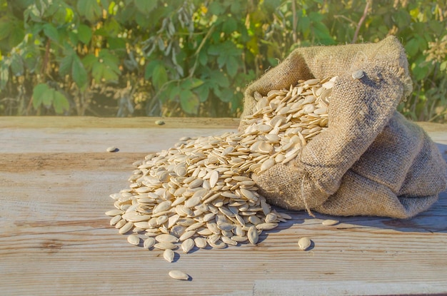 Pompoenpitten in jute zak op houten achtergrond