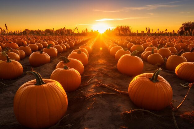 Pompoenveld bij zonsondergang Prachtig herfstlandschap met pompoenen