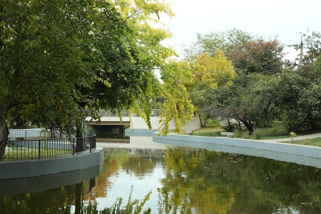秋の日の都市公園の池