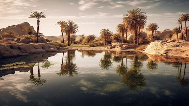 A pond in the desert with palm trees and a palm tree