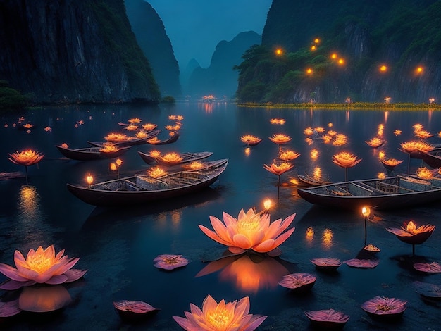 Pond filed with lotus flowers bamboo