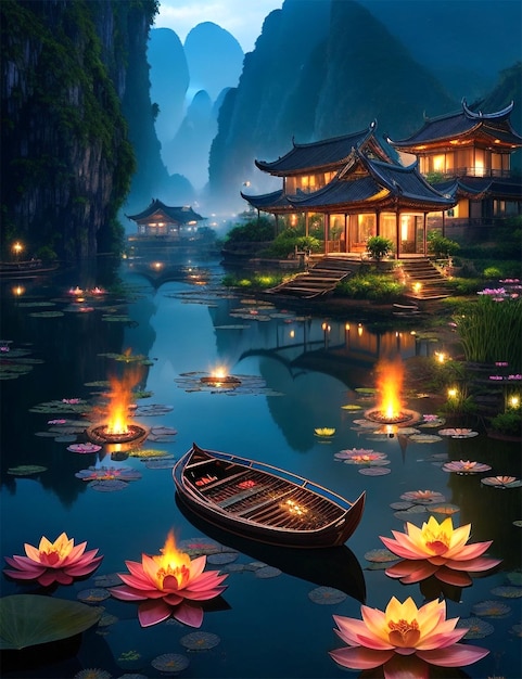 Pond filed with lotus flowers