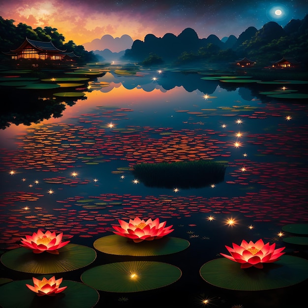 A Pond filed with lotus flowers