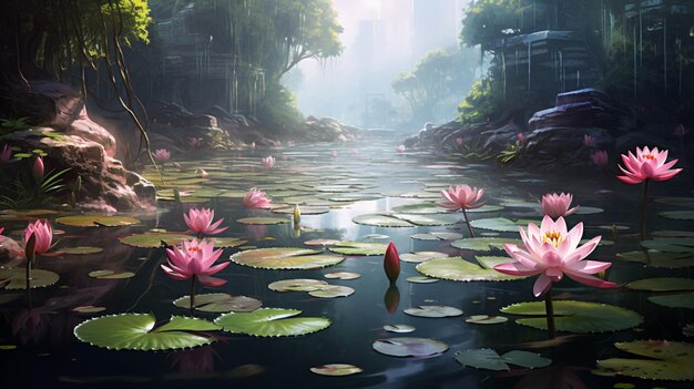 A pond filled with lotus flowers image Generative AI