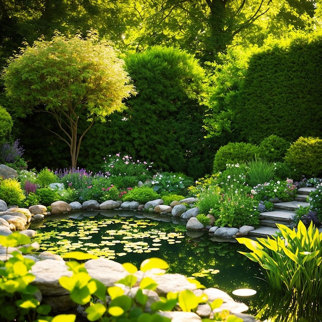 A pond in a garden with a lily pad and a tree in the background.