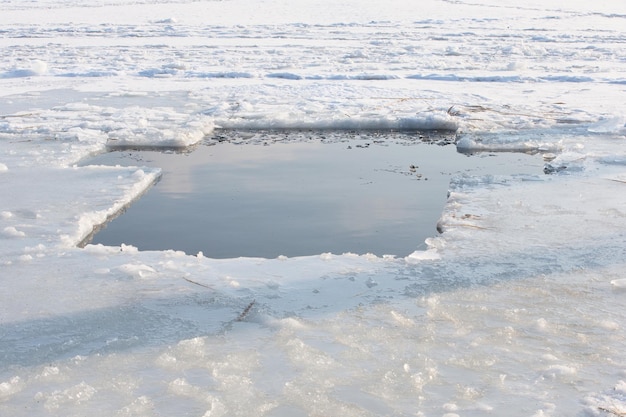 A pond in the icy lake in the form of a cross for the feast of the baptism of the Lord