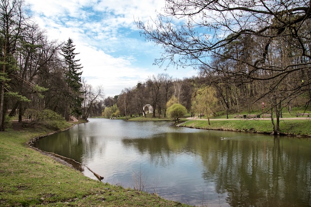 Pond in public park in early spring