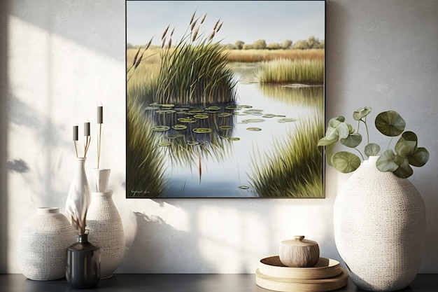 Pond reeds ripples lily water image Ai generated art