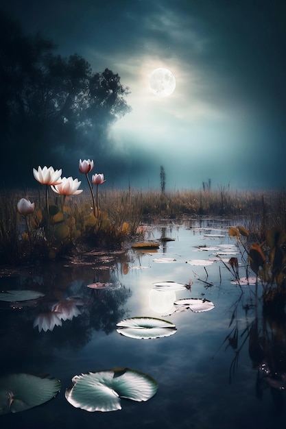 Pond with blooming lotus flowers at fullmoon night