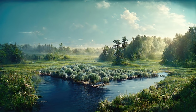 여름날 푸른 들판 나무와 관목 사이에 푸른 물이 있는 연못