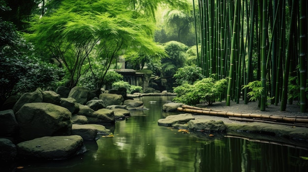 a pond with a bridge in the background