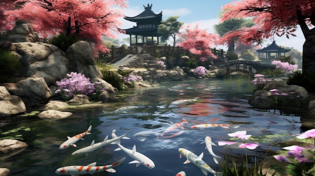 a pond with a bridge and koi fish in it