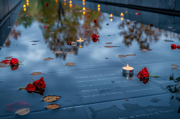 pond with candles floating on it and flowers floating on top