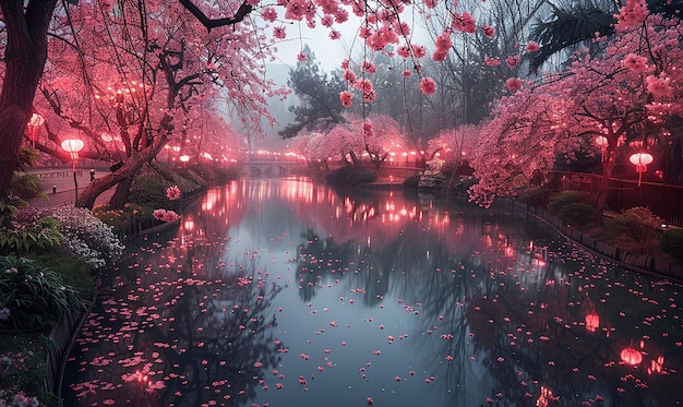 桜の花とピンクの桜の花の反射を持つ池