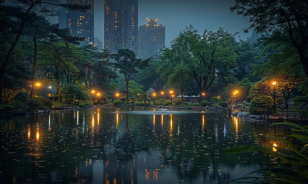 a pond with a city in the background and the lights on the water