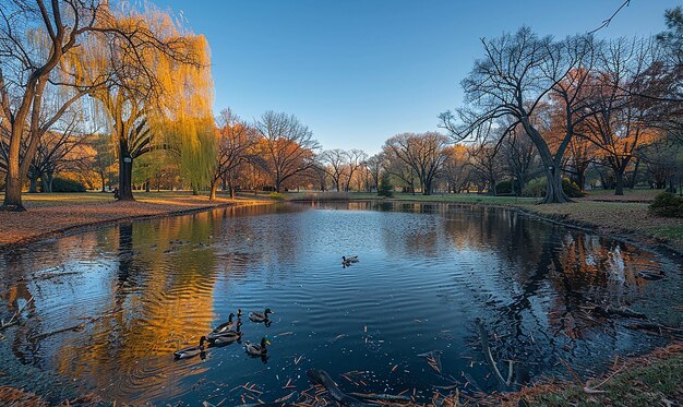 Photo a pond with ducks swimming in it and a tree in the background