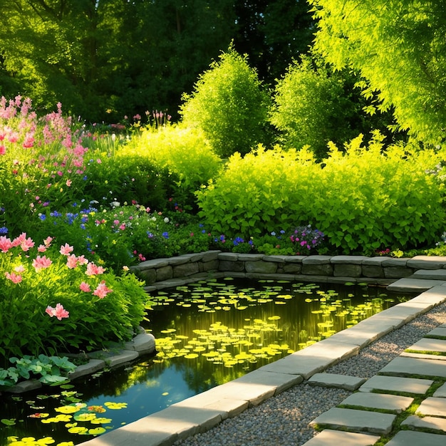 背景にいくつかの花と緑の植物がある池。