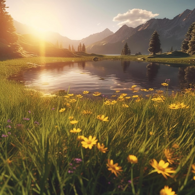 a pond with flowers and grass in the foreground.