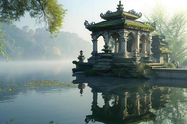 Photo a pond with a gazebo in the middle of it