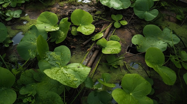 A pond with green leaves and water droplets on it