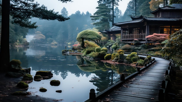 背景に家がある池