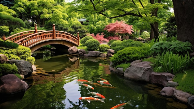 Photo a pond with koi fish and a bridge